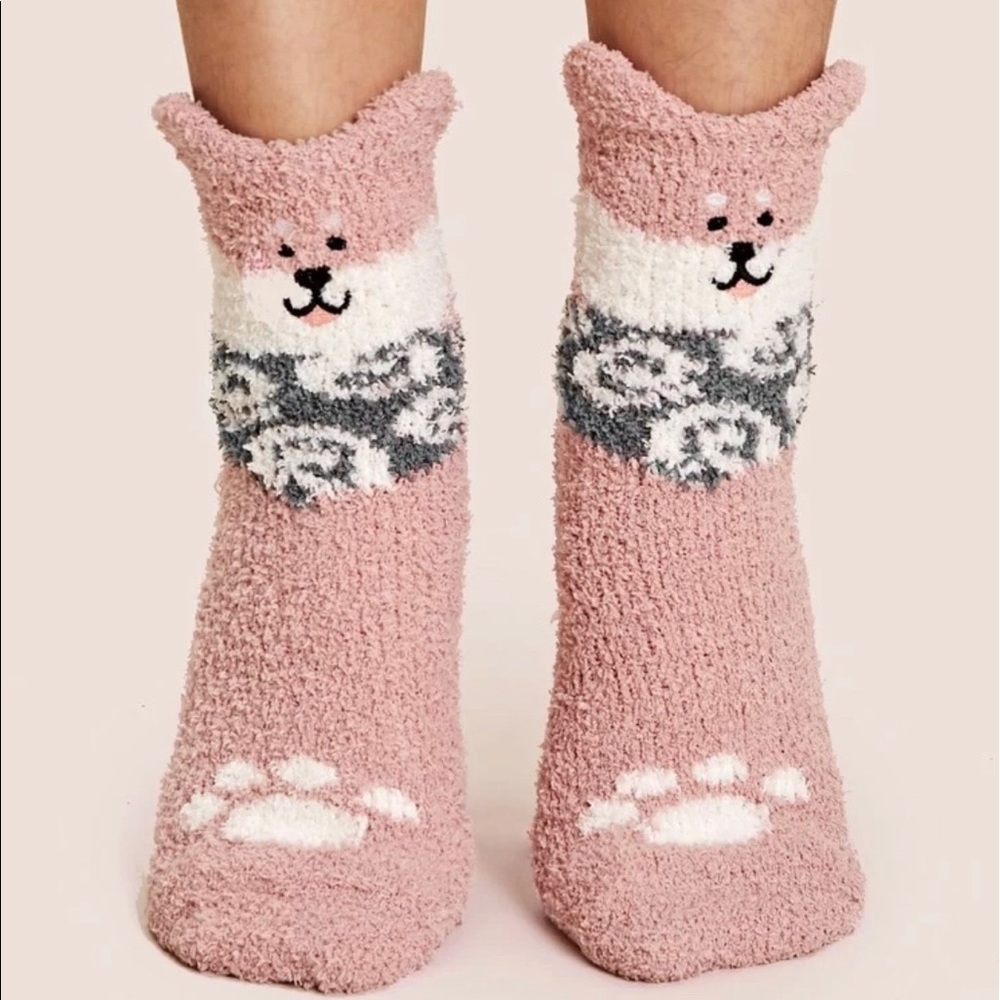 CUTE PINK FUZZY FLUFFY FLOOR DOG SOCKS
